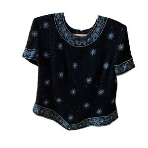 Cote d Azur Evening  Silk Beaded Embroidered Short sleeve Black top XL